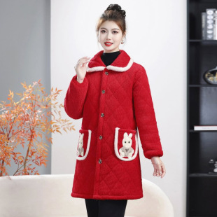 妈妈中长款睡衣女款上衣单件秋冬季加绒加厚中老年棉衣家居服外穿