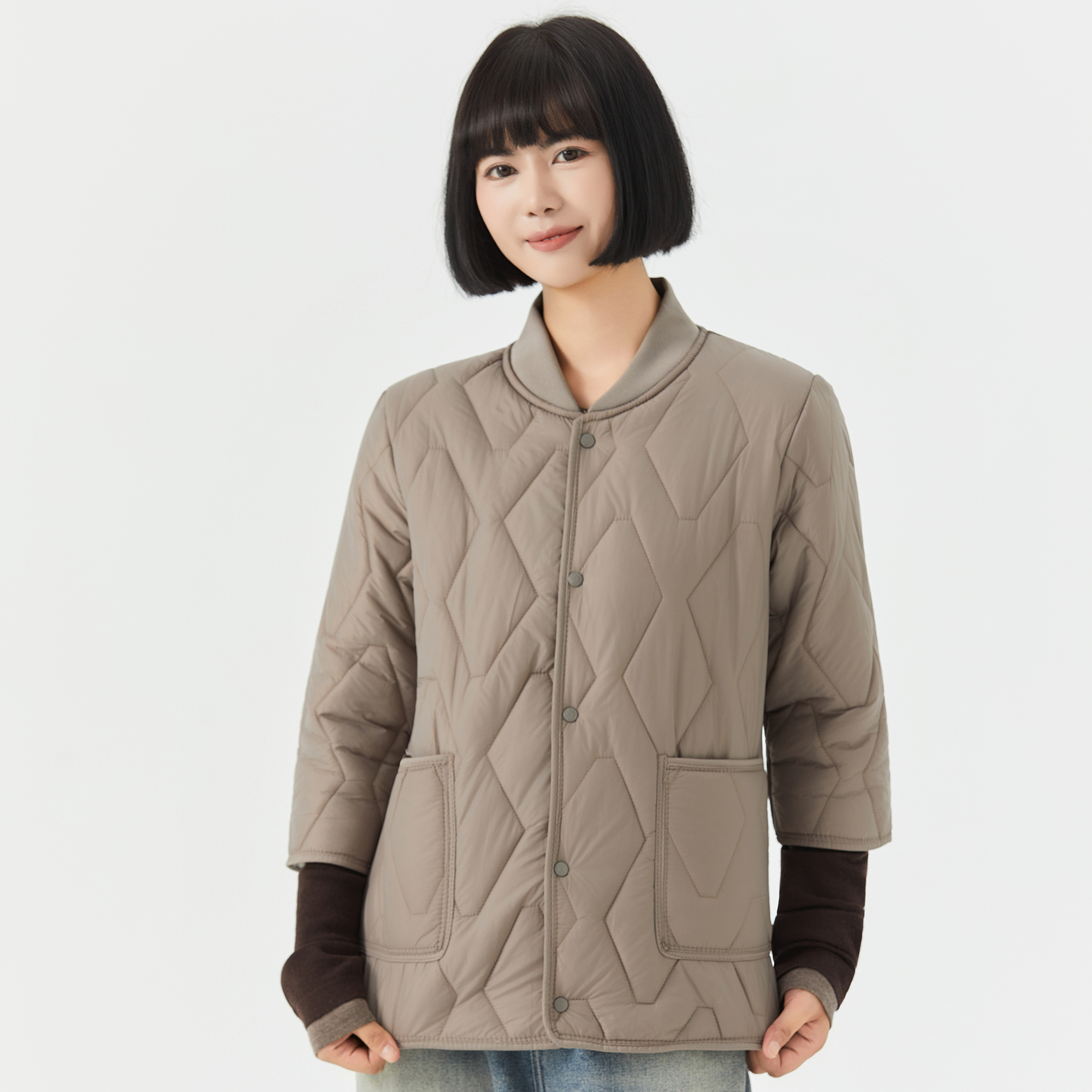 立领七分袖棉服羽绒棉衣女秋冬