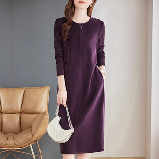 胖mm宽松显瘦直筒中长款 紫色长袖 洋气女装 大码 裙子 连衣裙春秋新款
