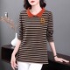 t恤女装 打底衫 2024春秋新款 中长款 妈妈翻领条纹上衣大码 纯棉长袖