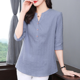 中长款 纯棉衬衫 v领上衣大码 中年妈妈半袖 洋气衬衣服 女夏2024新款