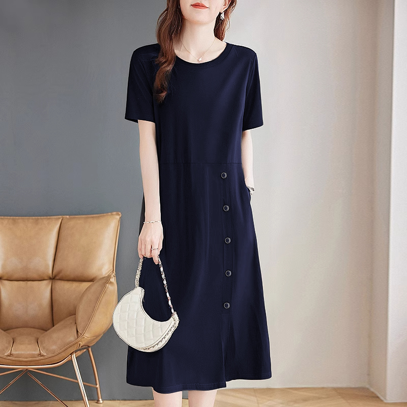 短袖连衣裙女2025年新款夏季休闲大码女士胖mm宽松显瘦中长款裙子