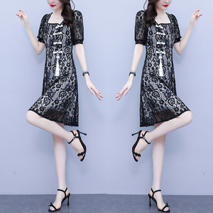 RM7607#大码女装2023夏季新款胖妹妹别致镂空旗袍改良显瘦蕾丝连衣裙
