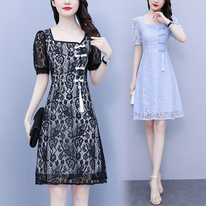 RM7607#大码女装2023夏季新款胖妹妹别致镂空旗袍改良显瘦蕾丝连衣裙