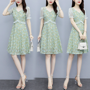 RM7597#大码女装2023夏新款修身显瘦胖妹妹蕾丝拼接连衣裙