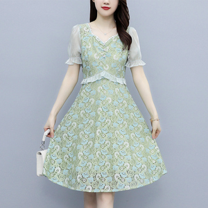 RM7597#大码女装2023夏新款修身显瘦胖妹妹蕾丝拼接连衣裙