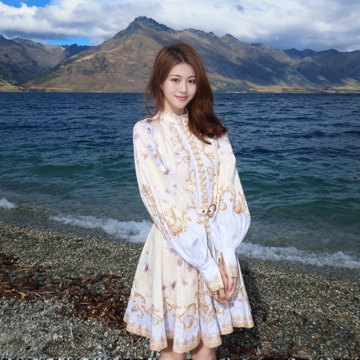 通勤 花卉印花束腰带长袖连衣裙短裙/长裙