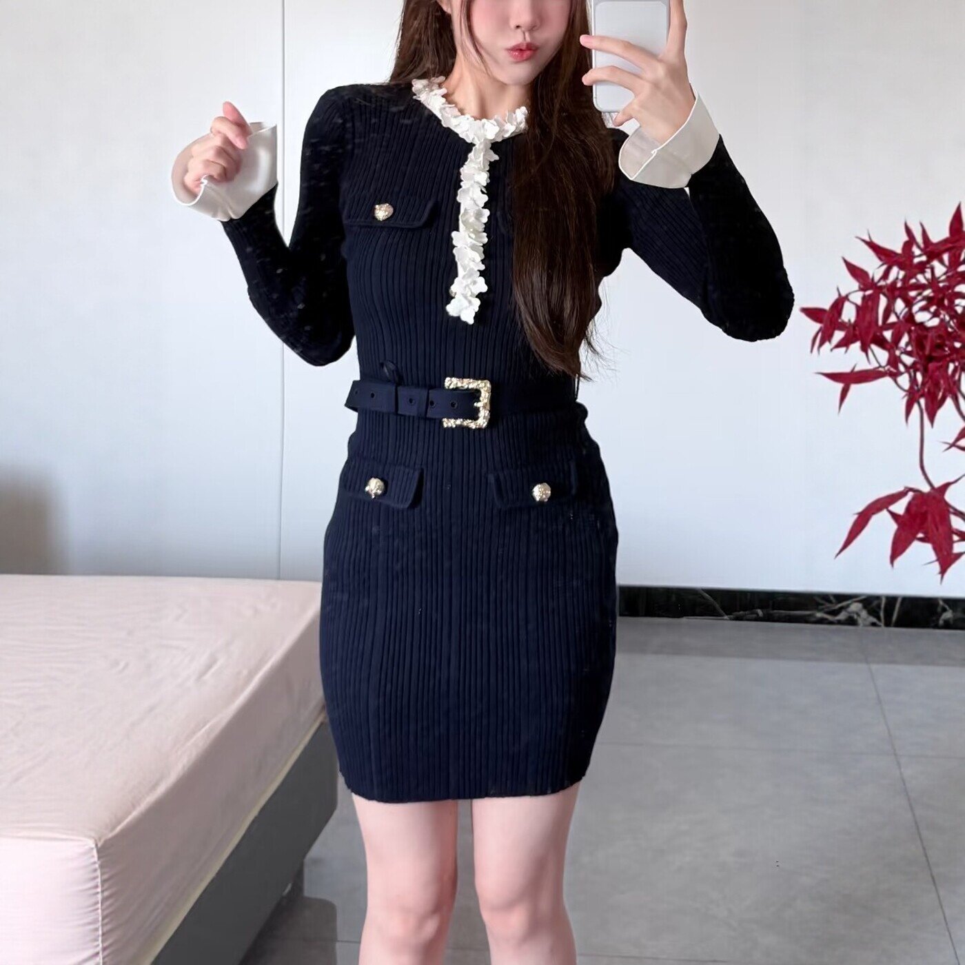 秋冬 深蓝色千金风束腰长袖包臀针织连衣裙/短裙/长裙