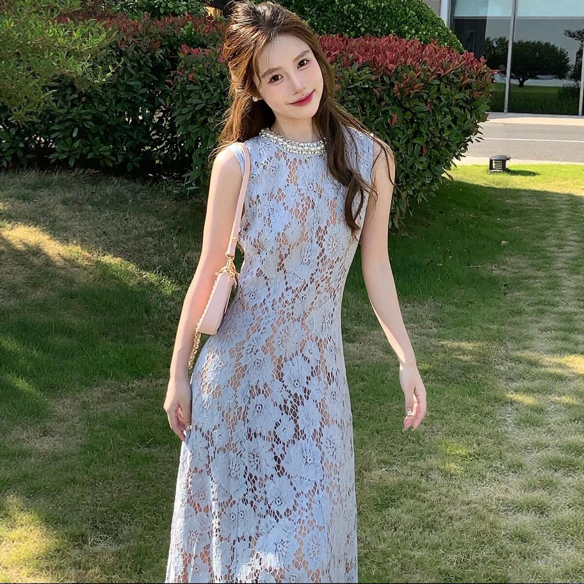 白色/蓝色两个款 珍珠钻饰蕾丝无袖连衣裙长裙