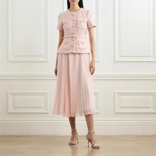 格格家 纯元英国小众粉色小香风亮片粗花呢短袖百褶连衣裙
