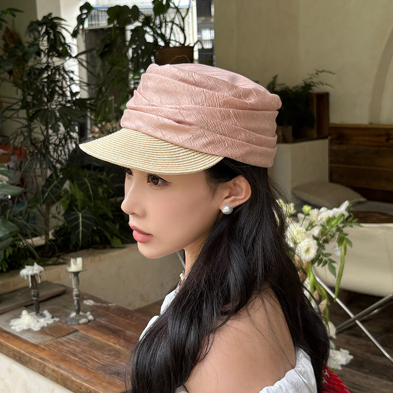 马术帽拼接草帽女夏季薄款褶皱粉色鸭舌帽子女款2026新款小香风格