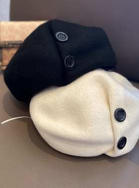 日本白色羊毛贝雷帽女纽扣画家帽日系i英伦复古帽子女秋冬韩版ns