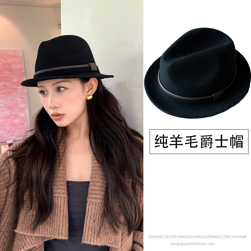 中青年英伦复古黑色小礼帽纯羊毛呢卷边爵士帽秋冬季潮流短发送礼