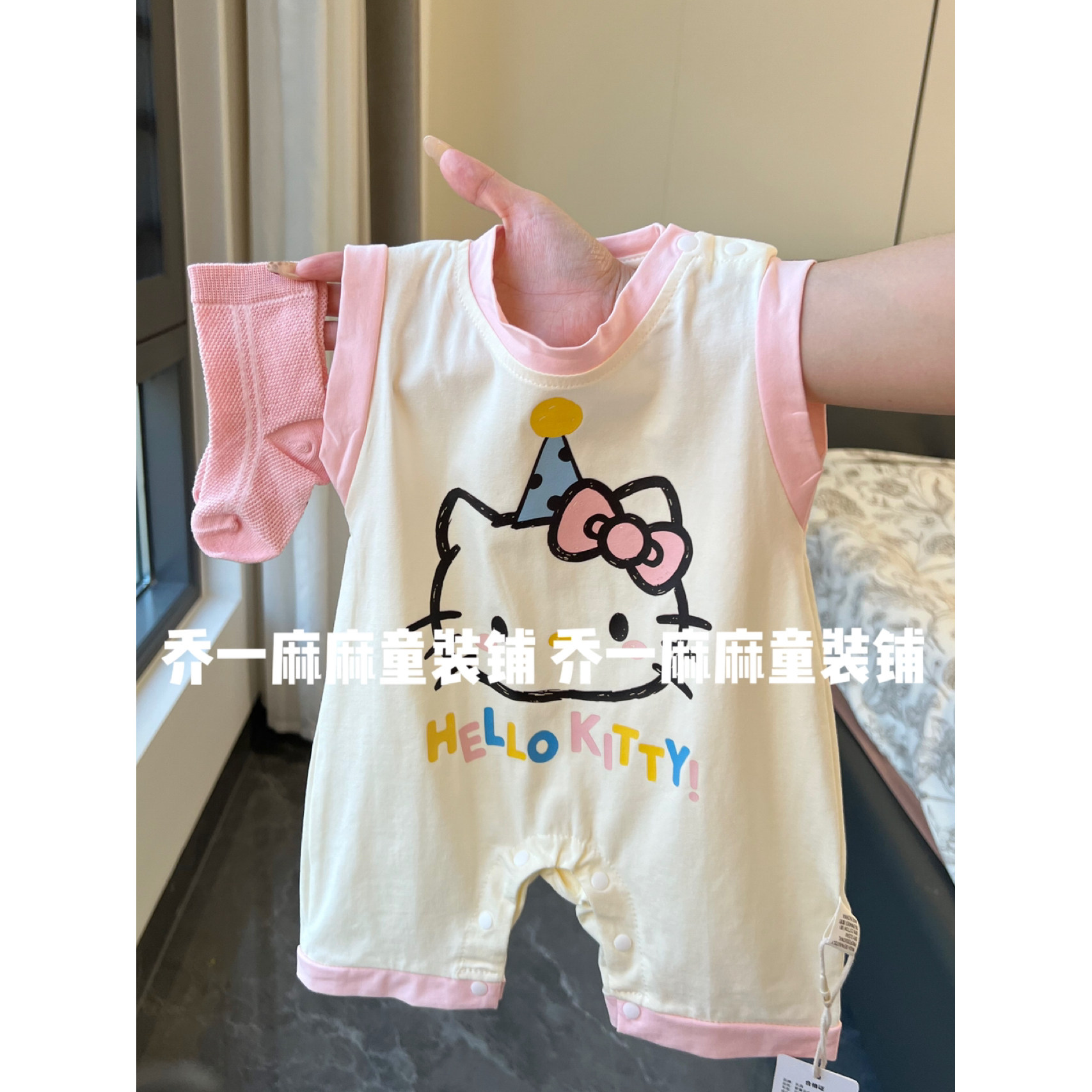 夏季新品婴儿连身衣外出服 粉色无袖KITTY卡通女宝哈衣爬服薄款
