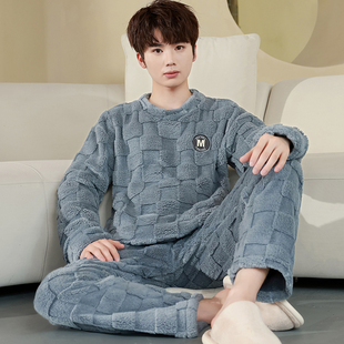 男士睡衣秋冬款珊瑚绒加厚加绒法兰绒套头青少年纯色男生款家居服