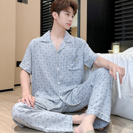 棉绸睡衣男夏季短袖长裤绵绸家居服人造棉休闲开衫两件套装薄外穿