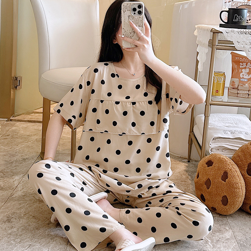 圆点棉绸夏季薄款睡衣女空调服透气短袖防凸点家居服绵绸长裤套装