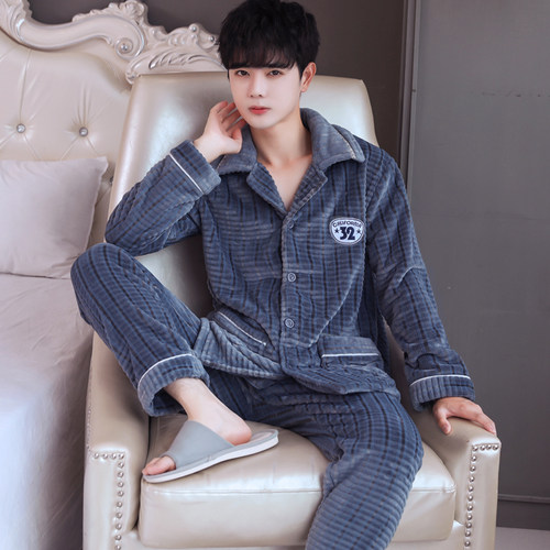 男士珊瑚绒睡衣加厚法兰家居服