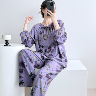 长袖长裤新款棉绸睡衣女夏季空调房甜美气质家居服花朵绵绸套装春