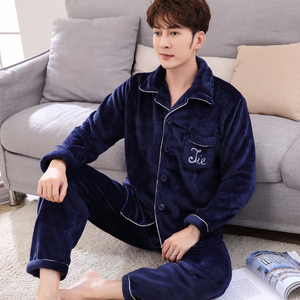 冬季睡衣男士法兰绒加厚长袖开衫套装男款珊瑚绒青年家居服加大码