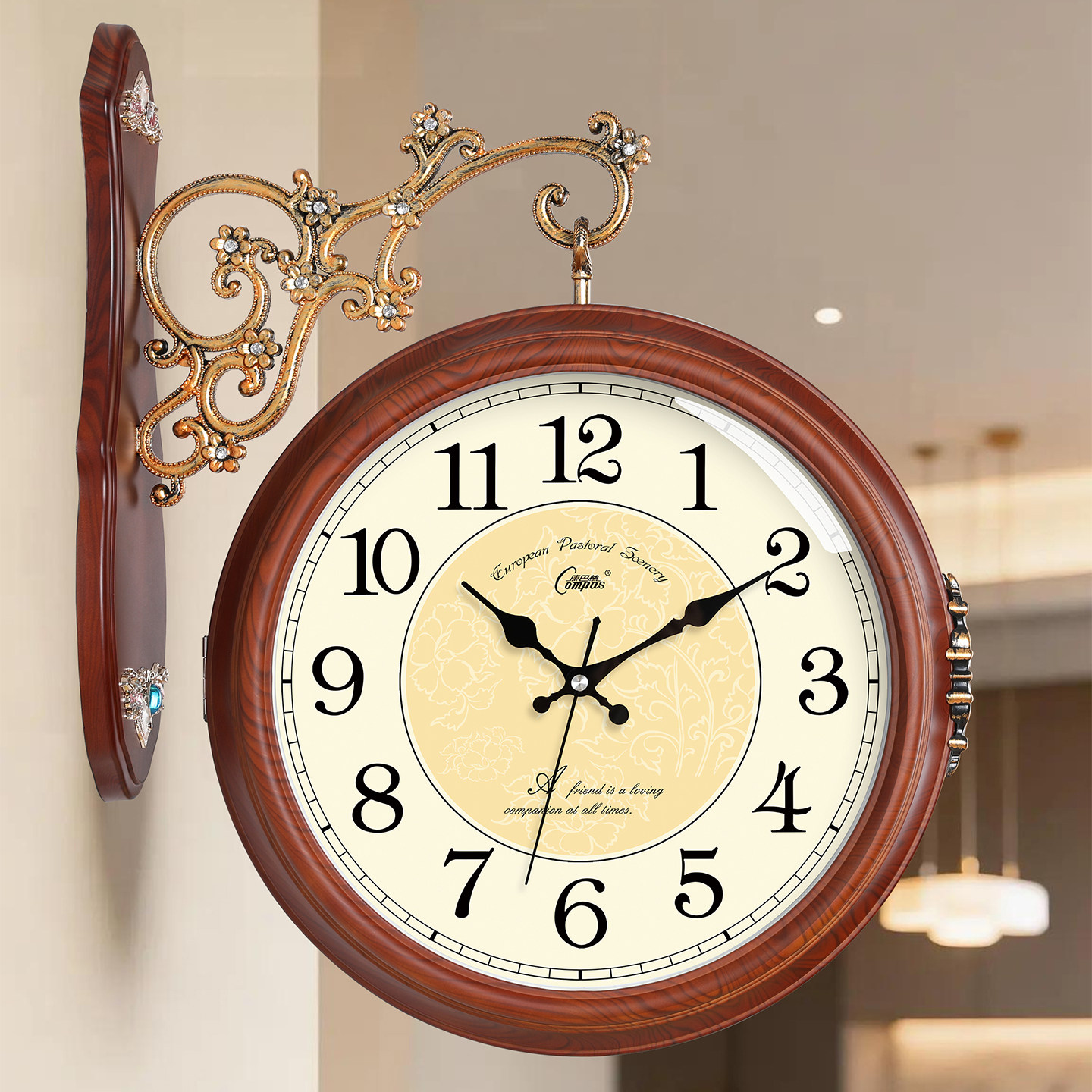 康巴丝欧式双面挂钟客厅创意大号时钟两面钟田园简约静音石英钟表