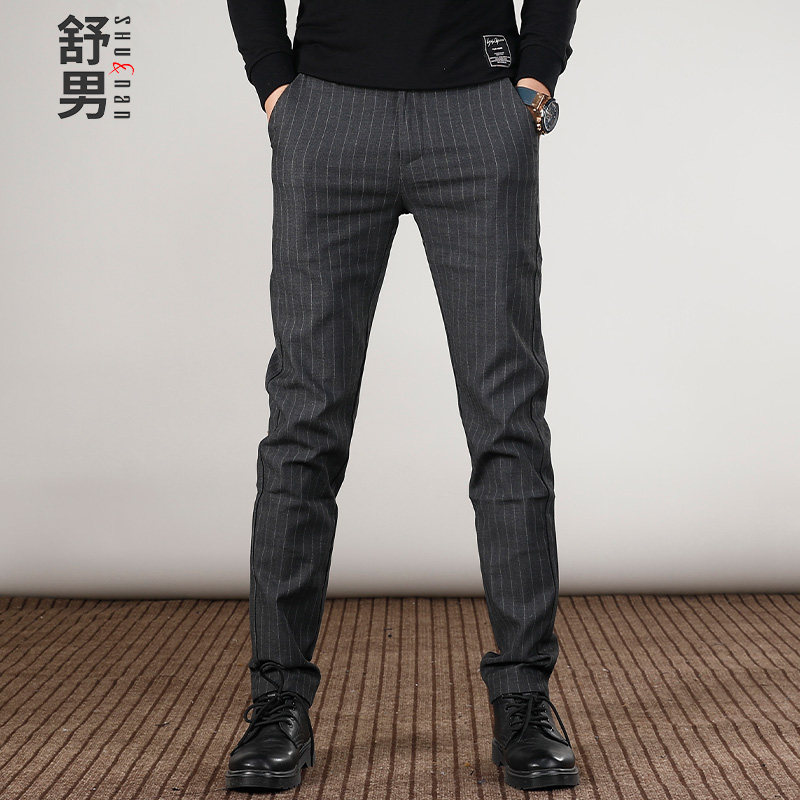 舒男新款条纹休闲裤男直筒修身潮流百搭商务小西裤秋冬轻熟风裤子