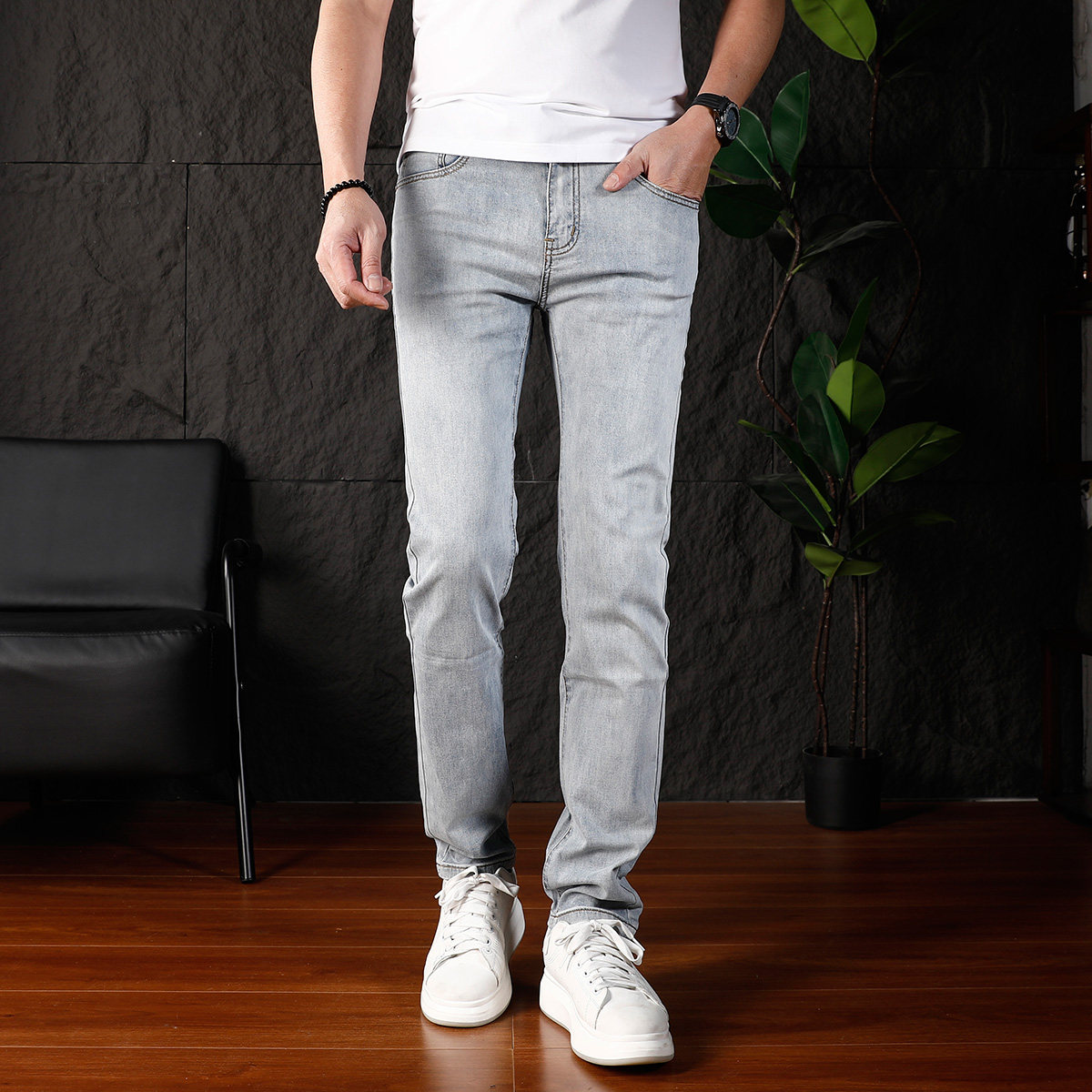 2026夏季新款水洗浅蓝色牛仔裤男修身直筒弹力百搭商务休闲裤春夏