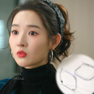 突然的喜欢林欢儿王玉雯同款耳环时尚复古风几何方形银色耳扣耳圈