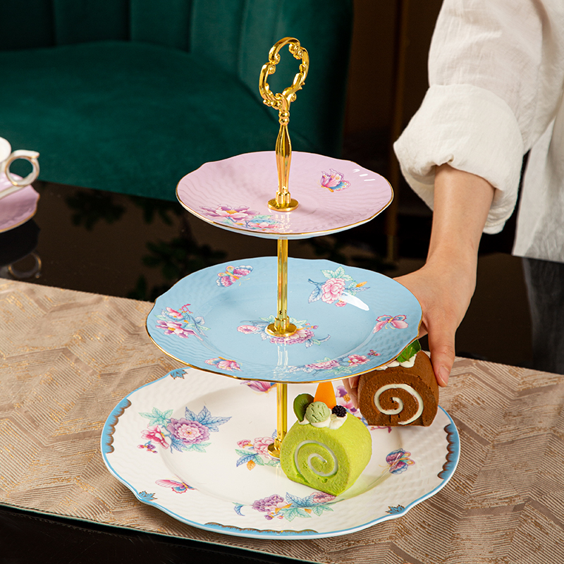 高颜值欧式点心盘蛋糕盘子客厅茶餐厅多层摆盘甜品干果骨瓷水果盘