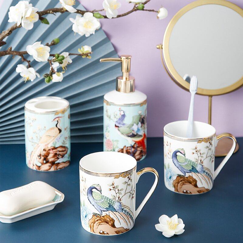 INGRI/英格丽陶瓷卫浴五件陶瓷简约牙刷杯漱口杯结婚礼物洗漱套装