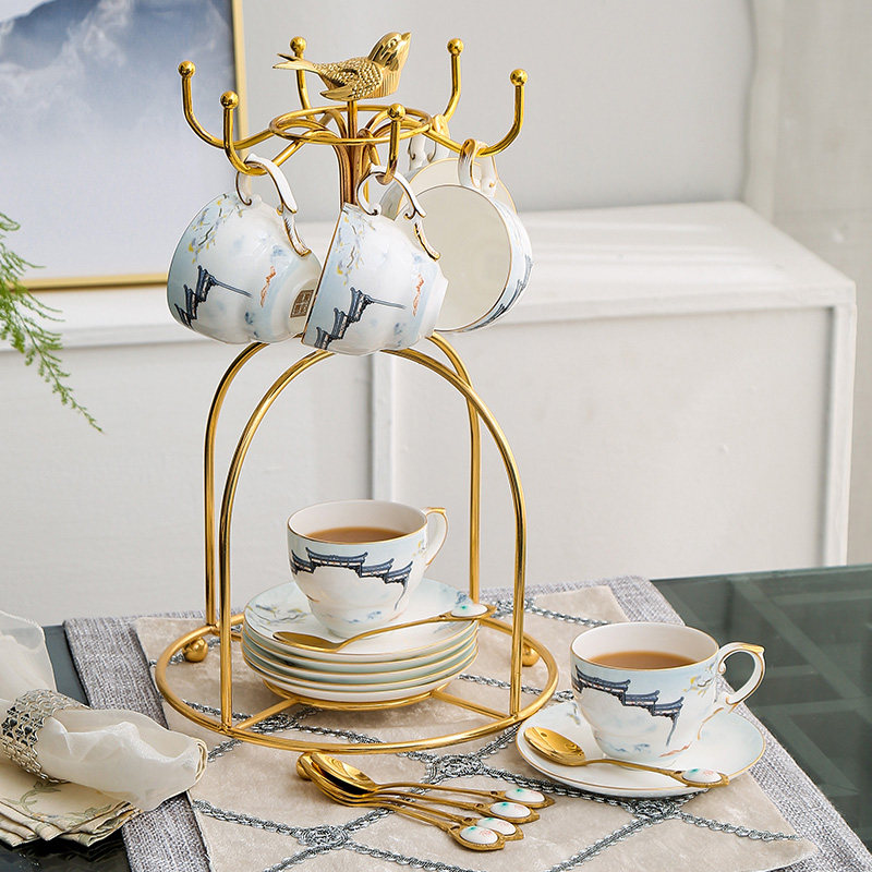 咖啡杯碟架英式镀金小鸟架创意杯碟收纳架家用挂架倒挂沥水杯架