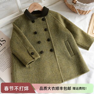 亲子儿童复古羊驼＋羊毛手工双面羊绒大衣女童呢子外套海苔绿拼色