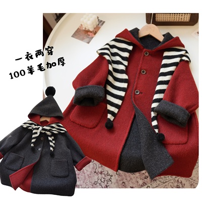 新年款加厚两面穿100%羊毛双面羊绒手工女童毛呢外套小精灵大衣