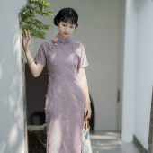 新款 晴山六省全开襟旗袍女气质修身 连衣裙日常玫瑰心事雾霾紫夏季