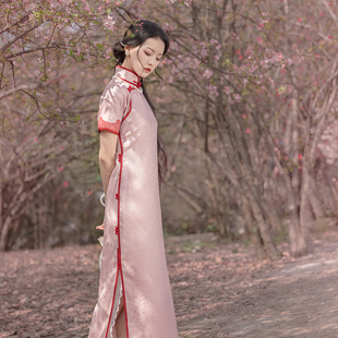 晴山新款收腰修身旗袍卿卿全开襟曳地连衣裙女长款优雅气质日常