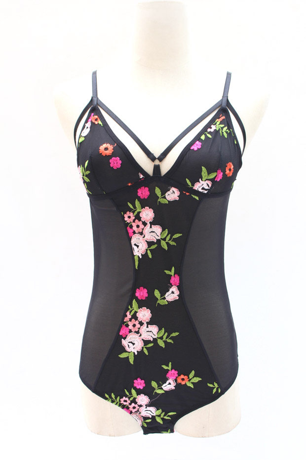 24任2件包邮欧美刺绣蕾丝网纱透明性感吊带连体衣 T裤露背内衣