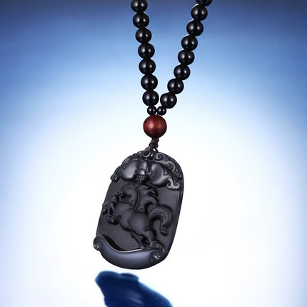 黑曜石男士项链女情侣挂件长款 十二生肖吊坠马牛羊本命年配饰品