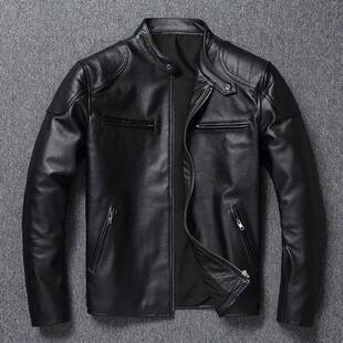 青年夹克短款 做旧机车服立领修身 清仓头层小牛皮真皮皮衣男装 反季