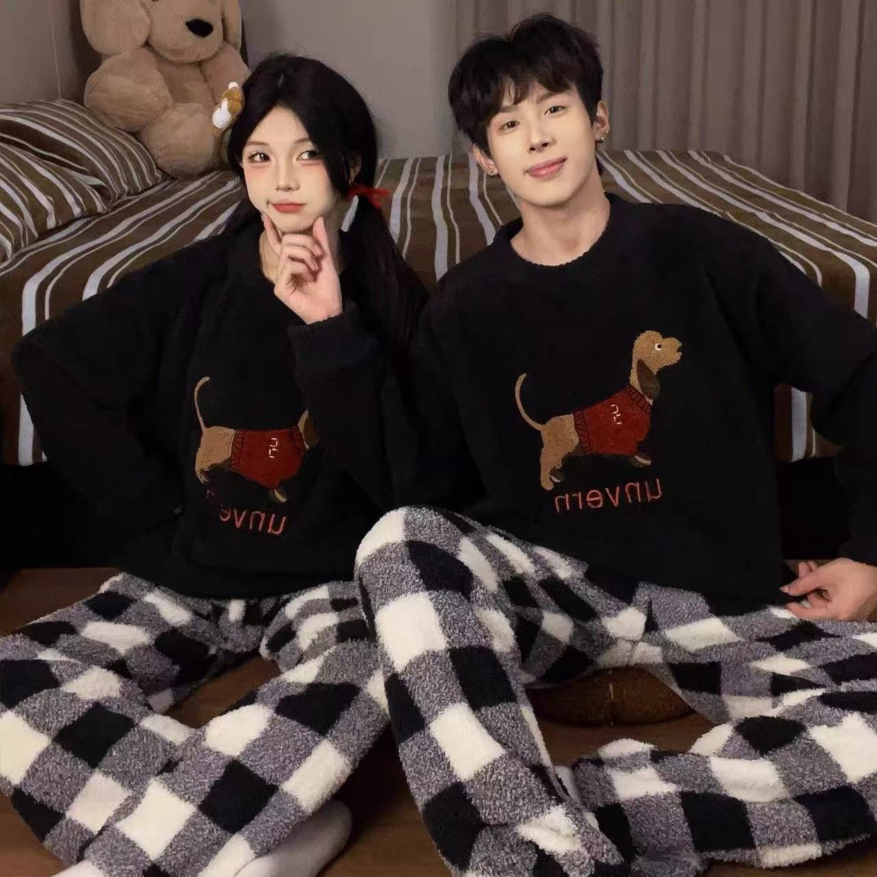 情侣睡衣女秋冬季加厚加绒腊肠狗