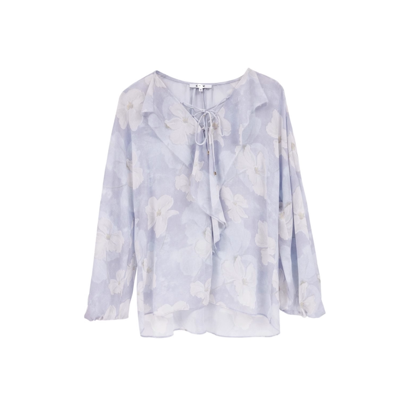 同款2026春夏季新款法式荷叶边轻薄质感面料遮肉显瘦泡泡袖雪纺衫