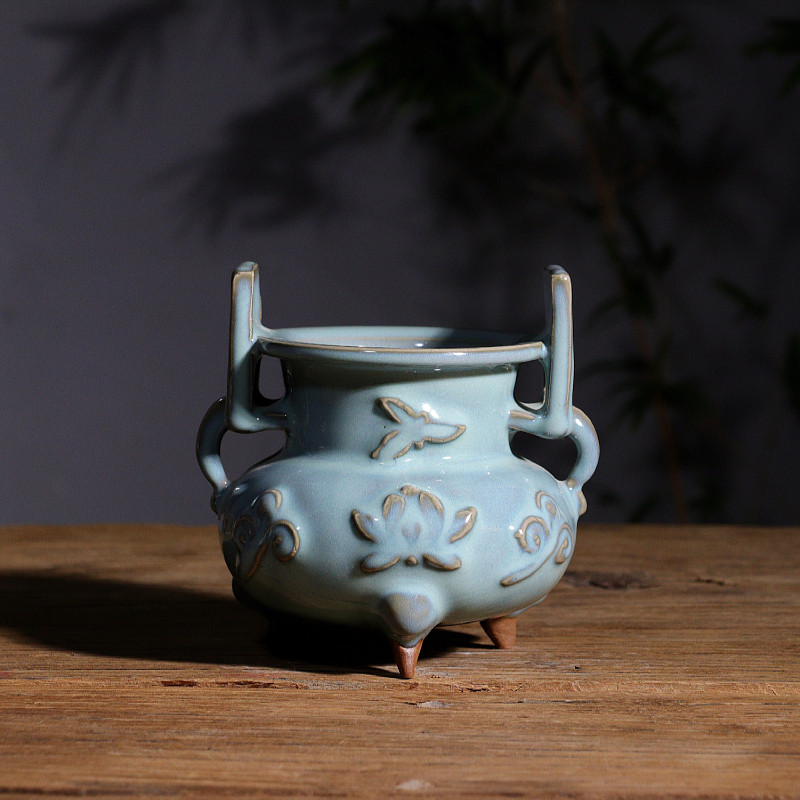 手工贴花香炉 禹州神垕钧瓷手工三足炉天青釉陶瓷仿古摆件盘香炉