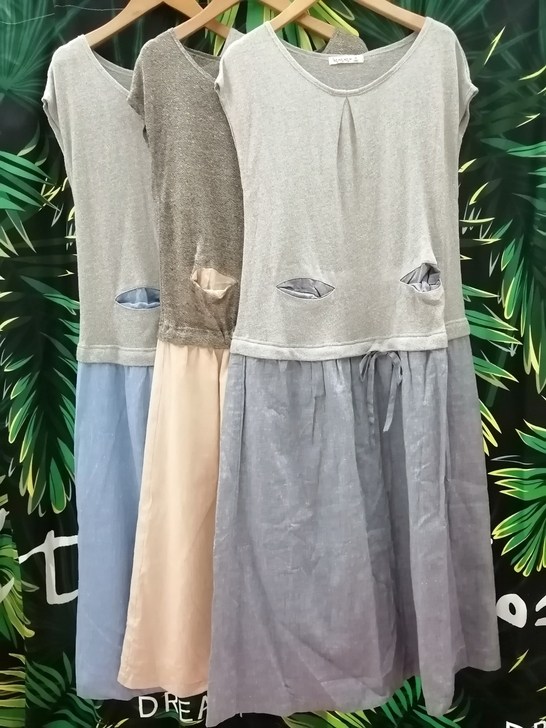 唯品尾货SM2蓝粉藏青纯色棉麻拼接连衣裙插肩袖日系森女风长圆领