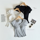 罩杯一体美式 修身 复古辣妹V领短袖 新款 显瘦上衣 t恤女夏季 带胸垫