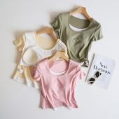 修身 辣妹带胸垫短袖 显瘦上衣 假两件T恤女时尚 莱赛尔棉女士夏季