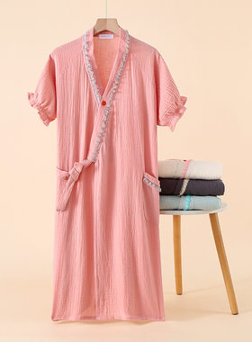 绉纹纱布短袖睡袍和服浴袍家居袍