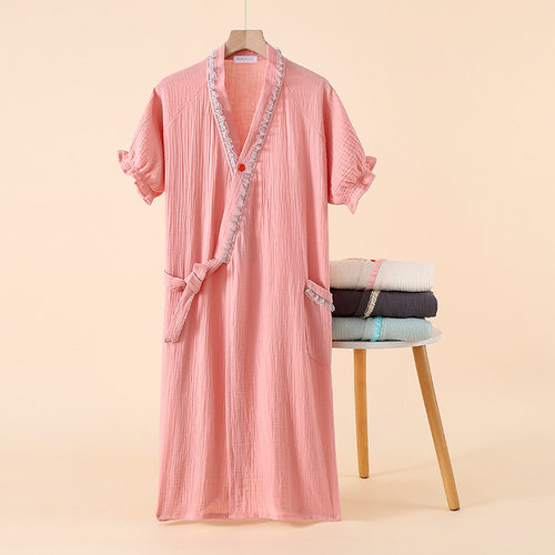 绉纹纱布短袖睡袍和服浴袍家居袍