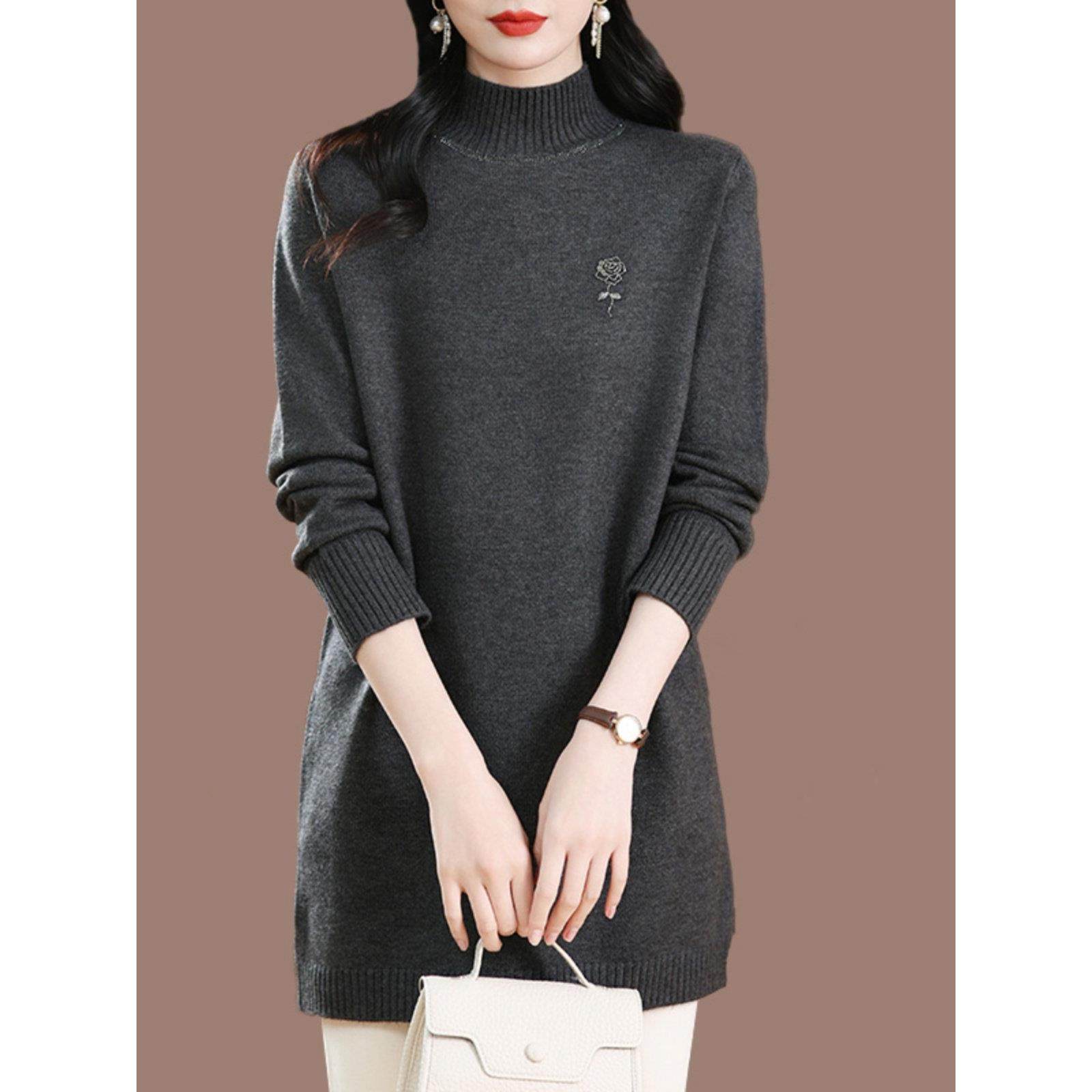 中年妈妈羊毛衫女中长款冬季洋气打底衫宽松大码半高领加厚毛衣裙