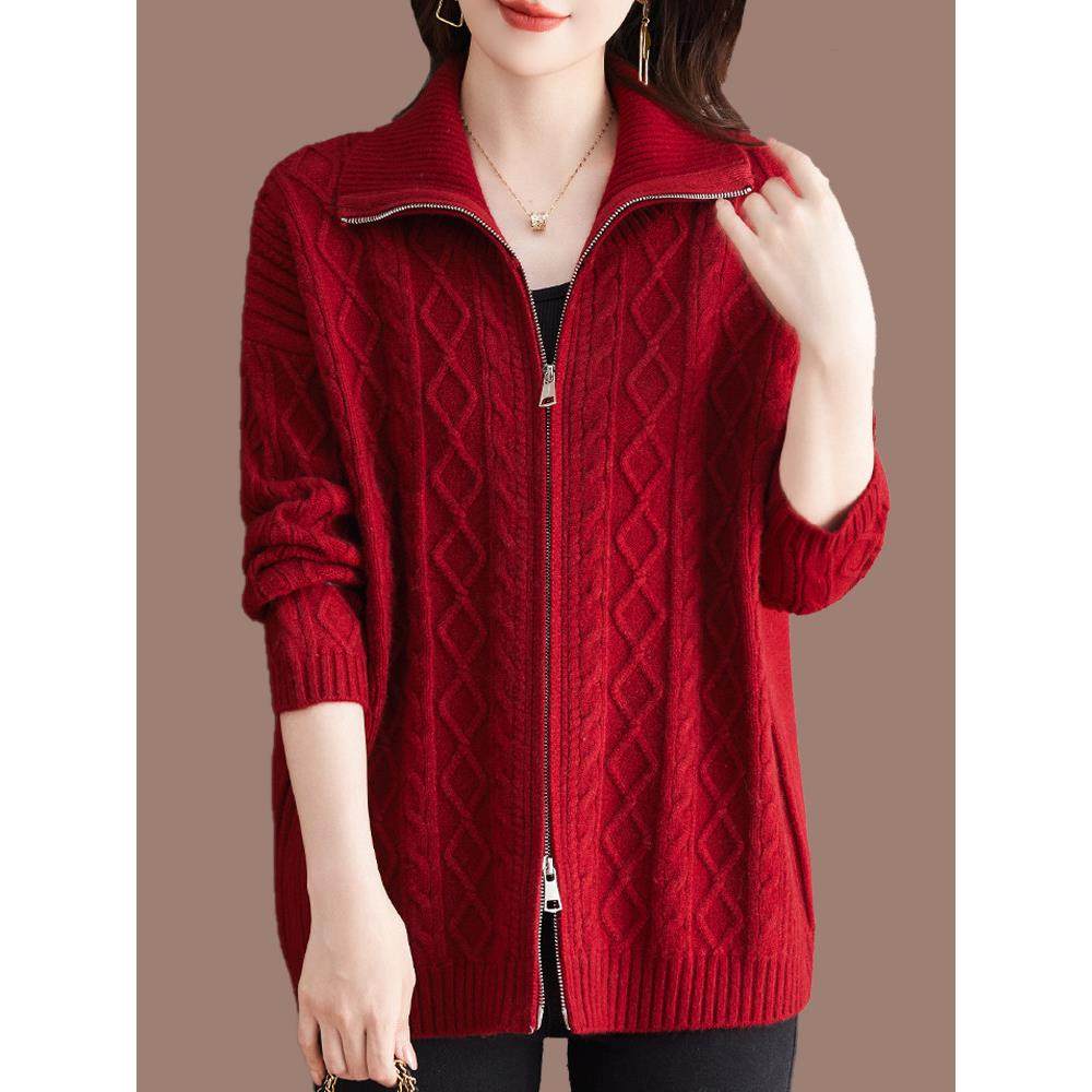 加肥加大码羊毛衫针织开衫女秋冬款加厚翻领妈妈洋气拉链毛衣外套