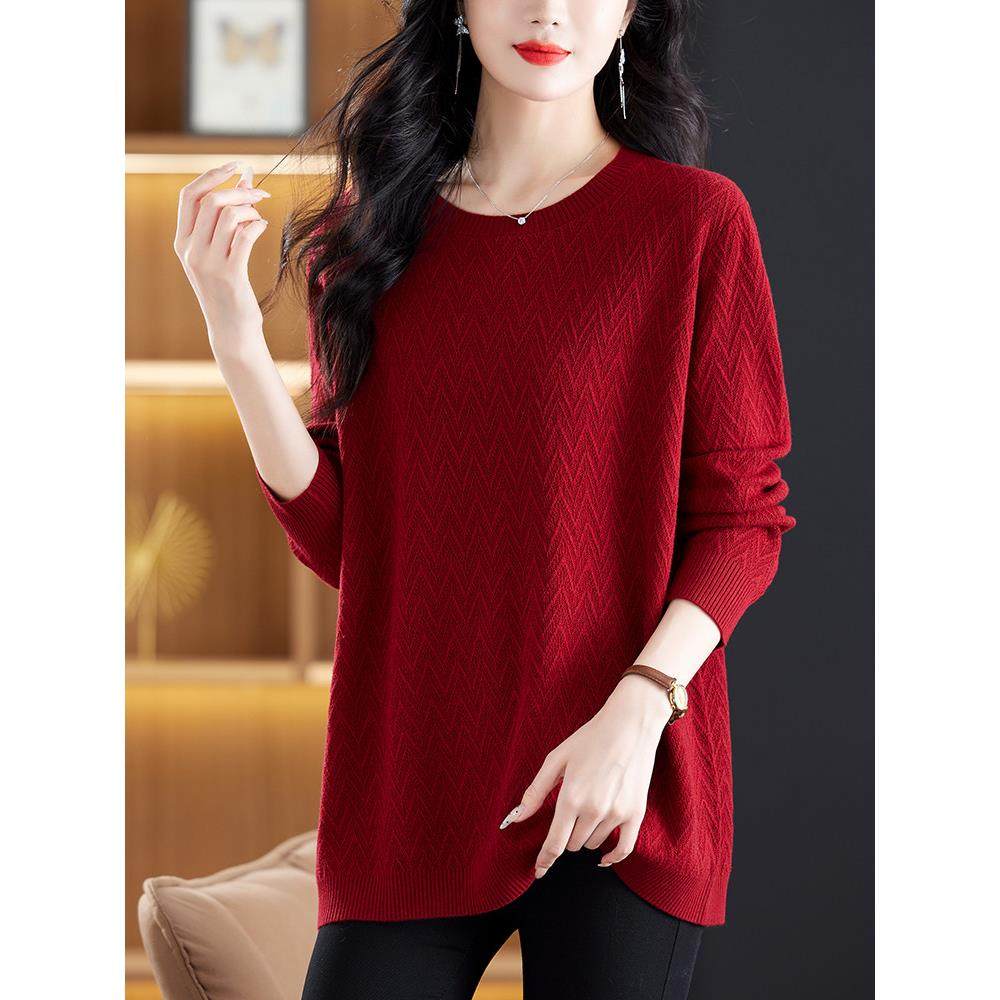 中年妈妈秋装新款羊毛衫宽松毛衣女中长款加肥大码圆领针织打底衫
