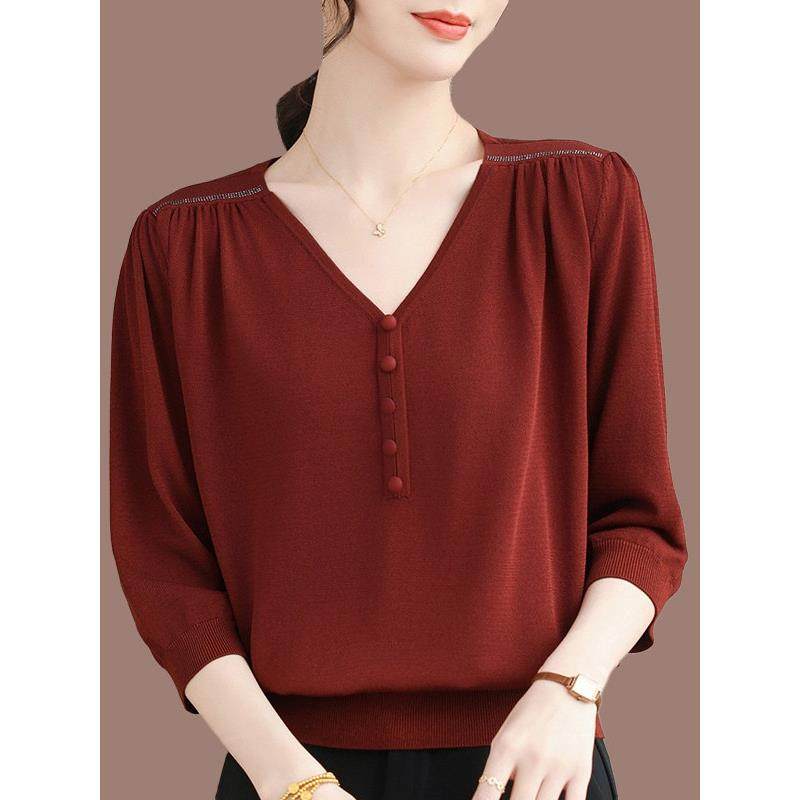 V领桑蚕丝七分袖t恤女2025早秋新款宽松显瘦薄款中袖上衣针织小衫